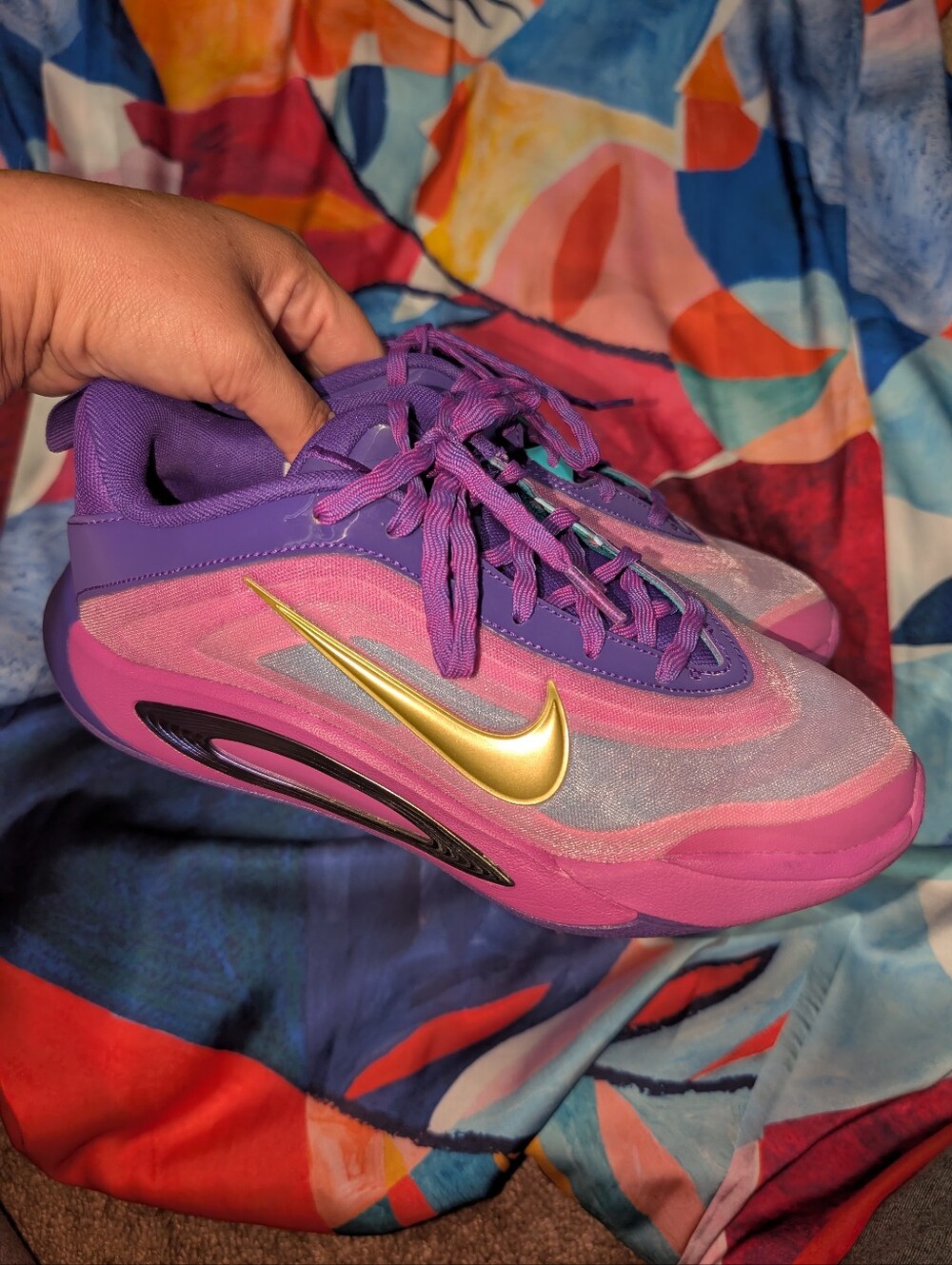 Youth Nike A'One Purple and Pink Sneakers with Gold Swoosh Accent